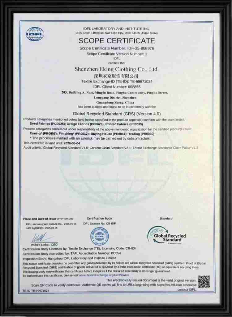 GRS recycled material standard for custom apparel production