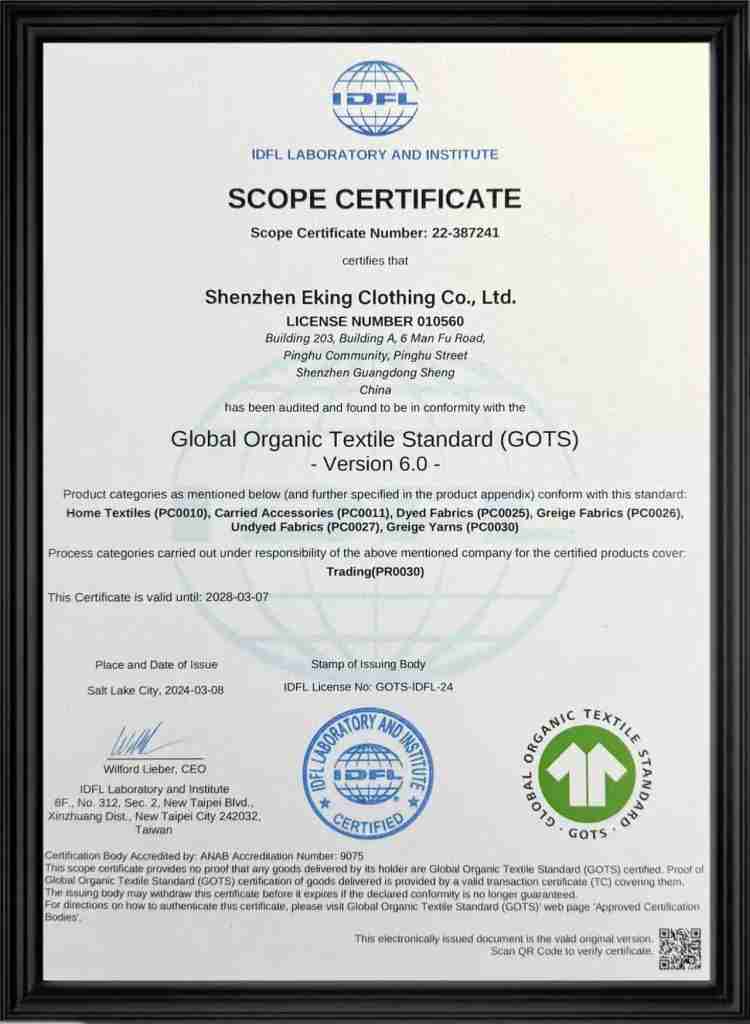GOTS certified textile standard for custom apparel production