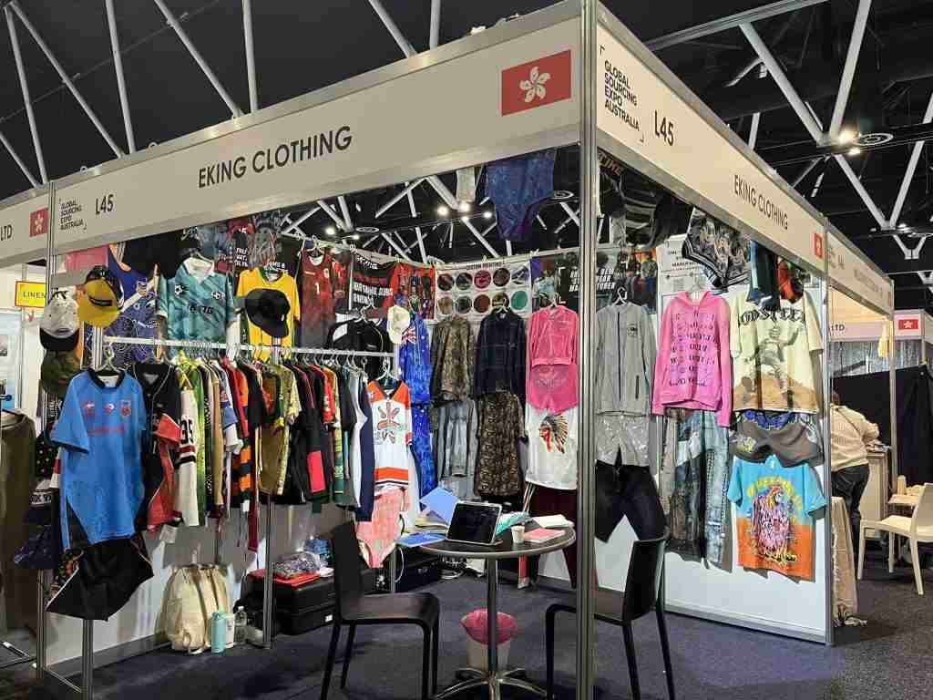 Eking Clothing trade show booth with custom apparel samples