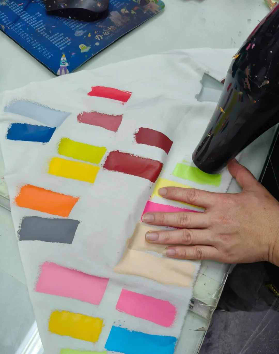 screen print color swatch testing on fabric