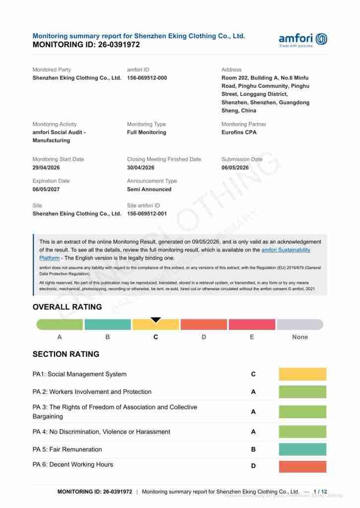 amfori BSCI social compliance monitoring result for Eking Clothing