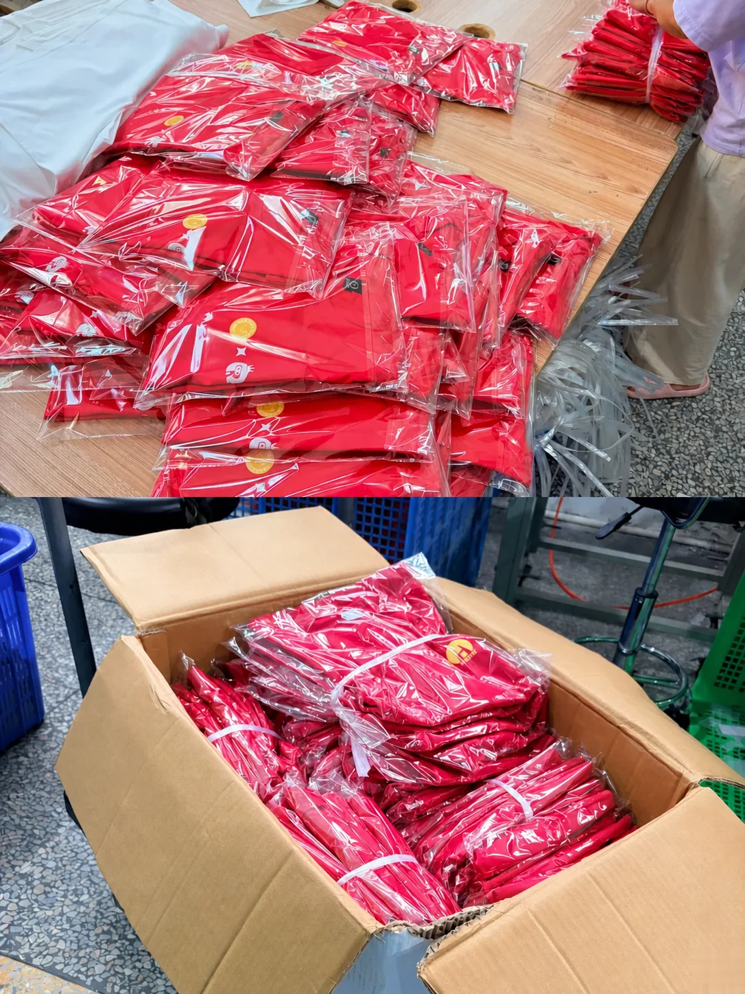 Printed red T-shirts folded in individual bags and packed in a carton