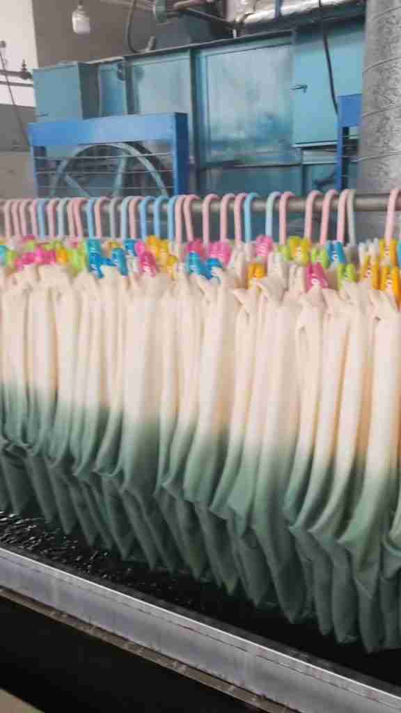 Green dip-dye garment hanger setup - video still
