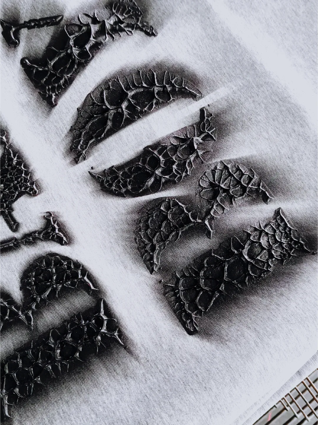 Close-up of raised black lettering with irregular rock-like cracks on light gray fabric